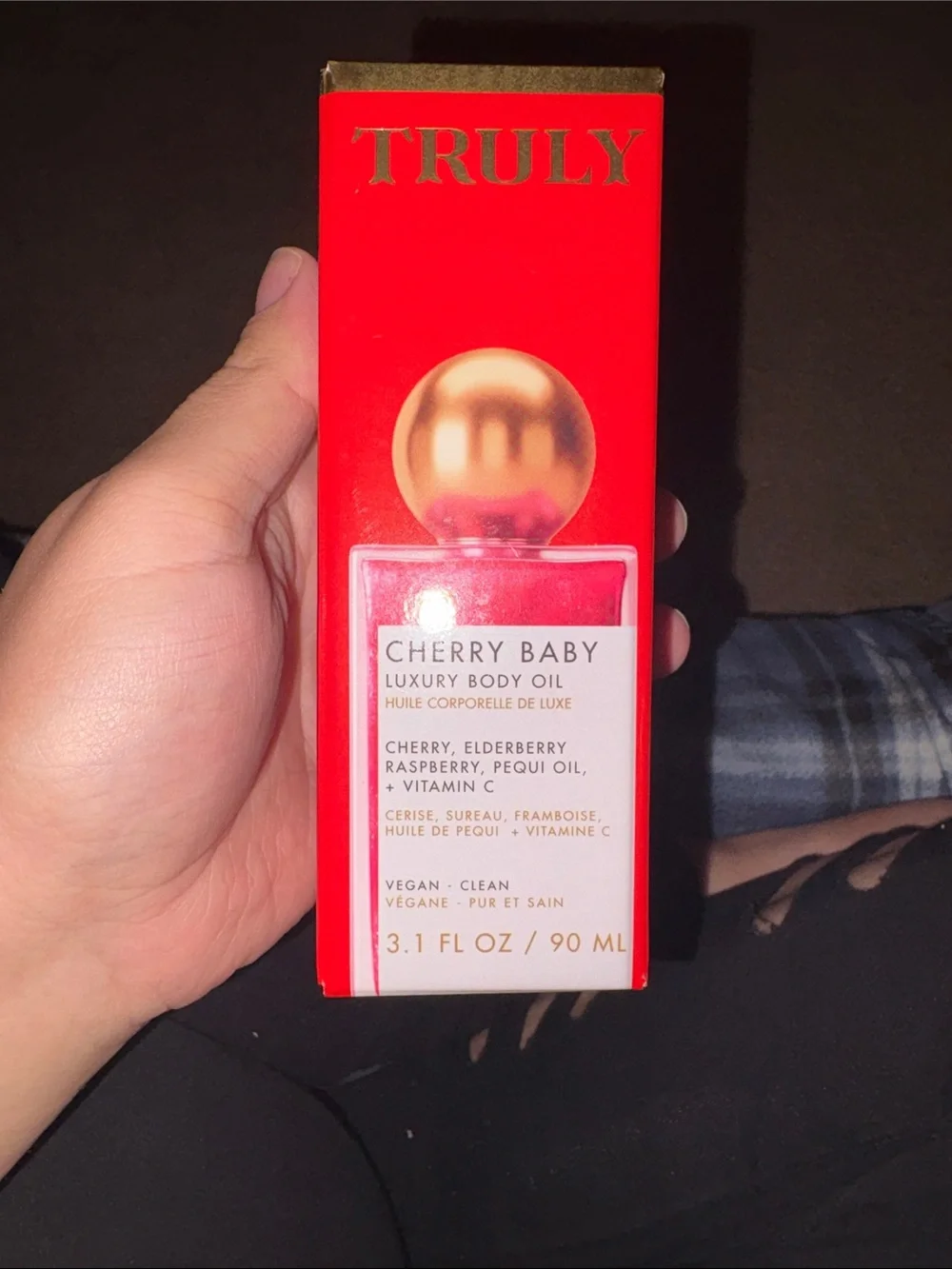 TRULY Cherry Baby Luxury Body Oil — Red Packaging with Gold Accent